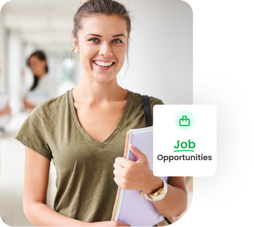 A woman smiling at the camera with a text that says 'Job opportunities'